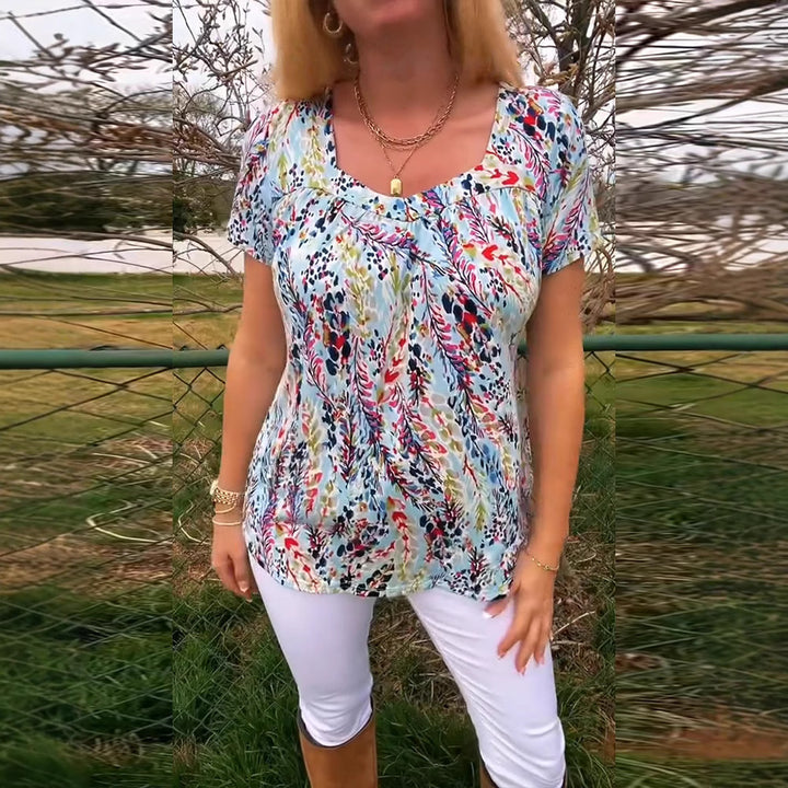 Dame T-shirt med blomsterdesign og 3/4-ærmer Stilla