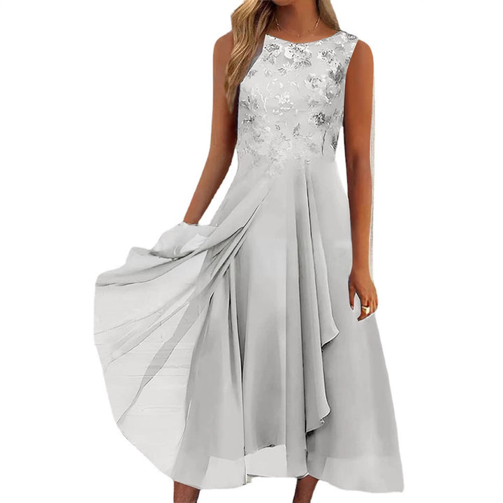 Dame uden ærmer chiffon midi kjole med broderet brystparti og asymmetrisk lag nederdel Skovae