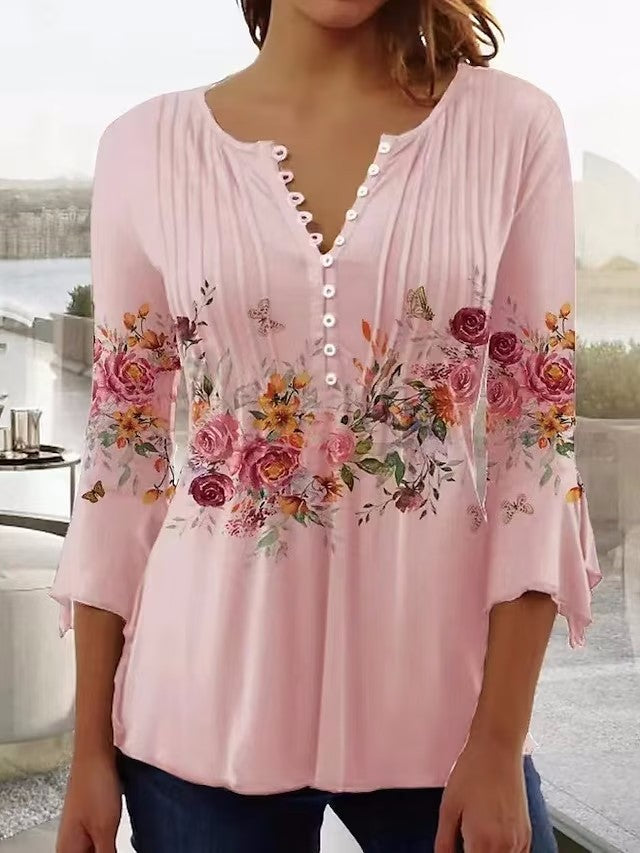 Dame nan luftig tunika-bluse med akvarel blomsterbånd, kælderfolder og trekvartærmer Skovae