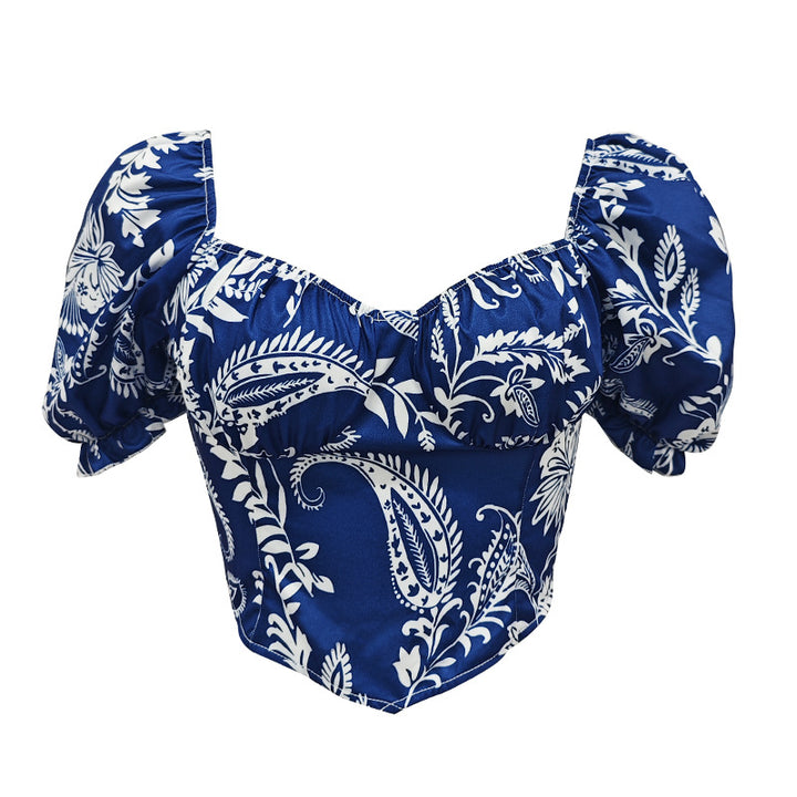 Dame Puffærmet Crop-Top med blomstermotiv og struktureret snit Stilla