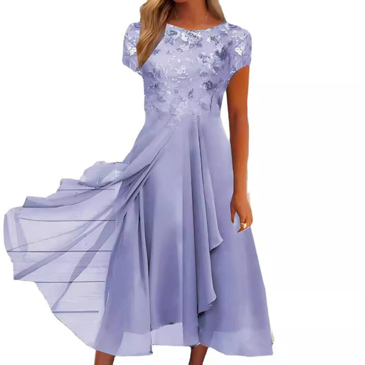 Dame nan flydende chiffon-midi kjole med blomsterbroderet overdel og asymmetrisk lagdelt nederdel Skovae