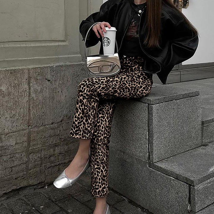 Dame elegant ruskindsbukser med leo-print Stilla