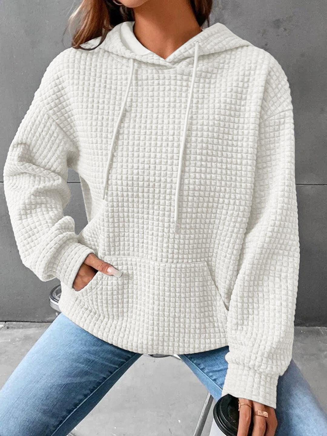 Kvinder Vaffelstruktur Hoodie med Kængurulomme og Casual Fit Stilla