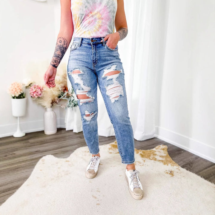Kvinder High-Waist Ødelagt Jeans i Boyfriend Stil Stilla