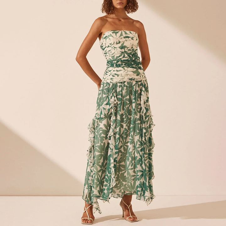 Kvindernes off-shoulder maxi kjole med flæsedetaljer og blomster mønster Skovae