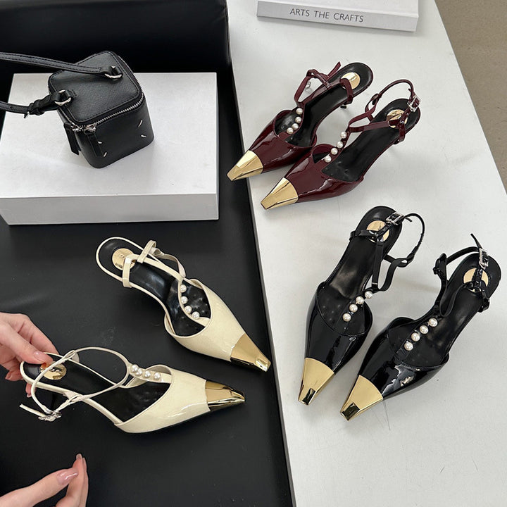 Dame Slingback Højhælede Sandaler med dekorative Perleaccents og spids Tåområde Stilla