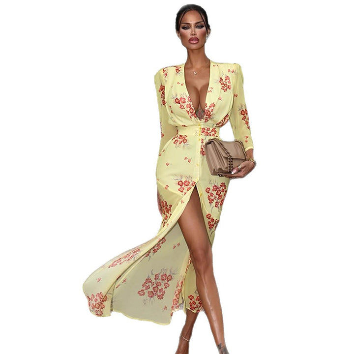 Dame maxikjole med florale applikationer og elegant split Stilla