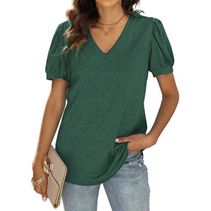 Dame V-hals bluse med puffærmer og blødt stof Stilla