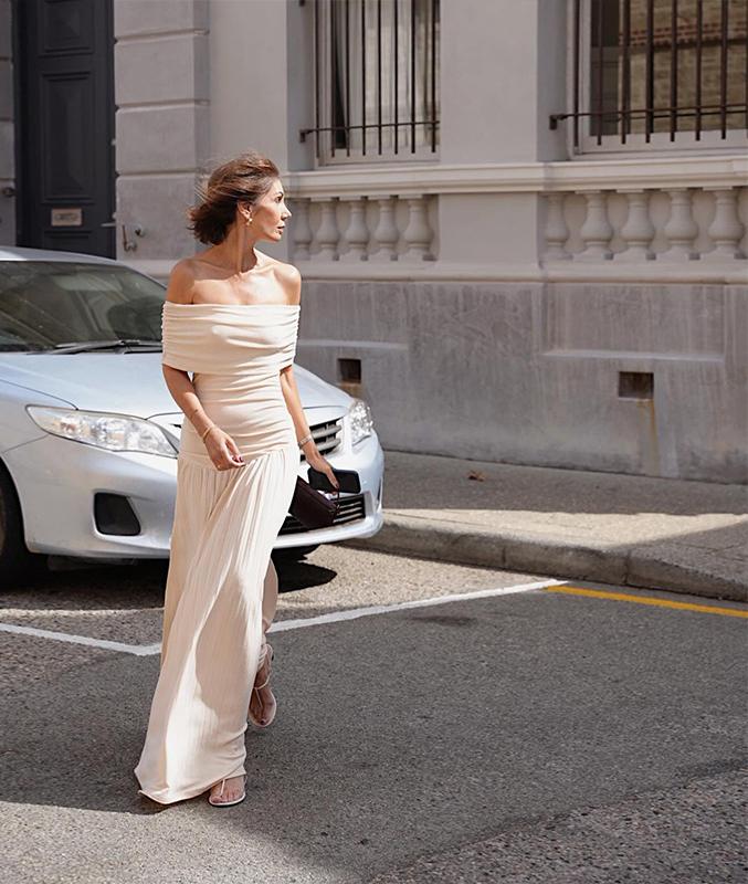 Dame Off-Shoulder Maxikjole med bløde rynker og elastisk talje Stilla