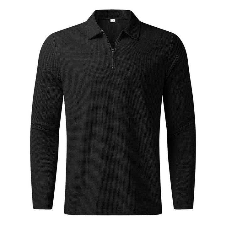 Herre langærmet poloshirt med kentkrave, kort frontlynlås og fin vaffelstruktur Skovae