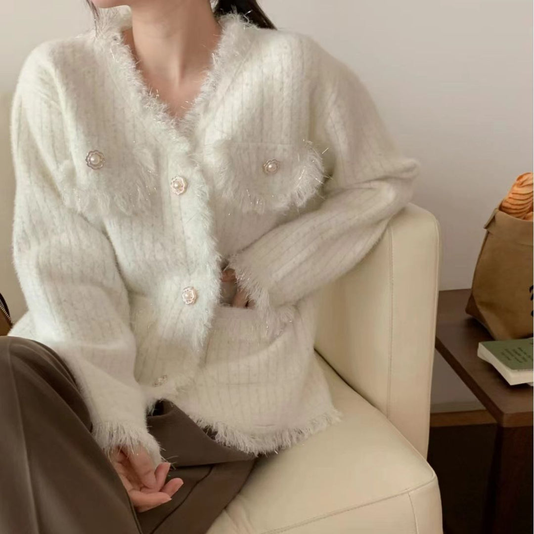 Kvinders cardigan med dekorative perler og frynset detaljer Stilla