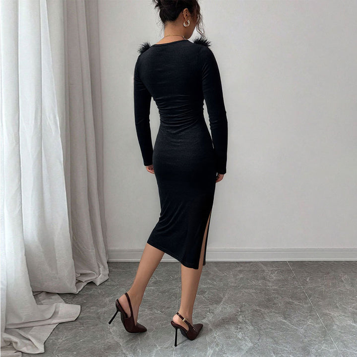 Dame Midi Kjole med Elegant Fjerdekoration og Sideslids Stilla