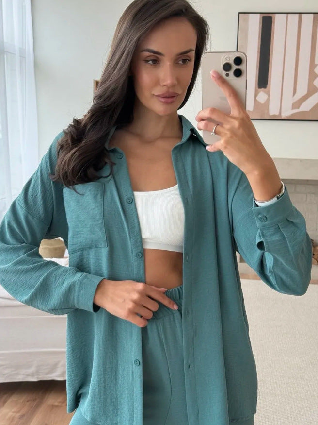 Dame komfortabel Loungewear-sæt med langærmet bluse og brede bukser Stilla