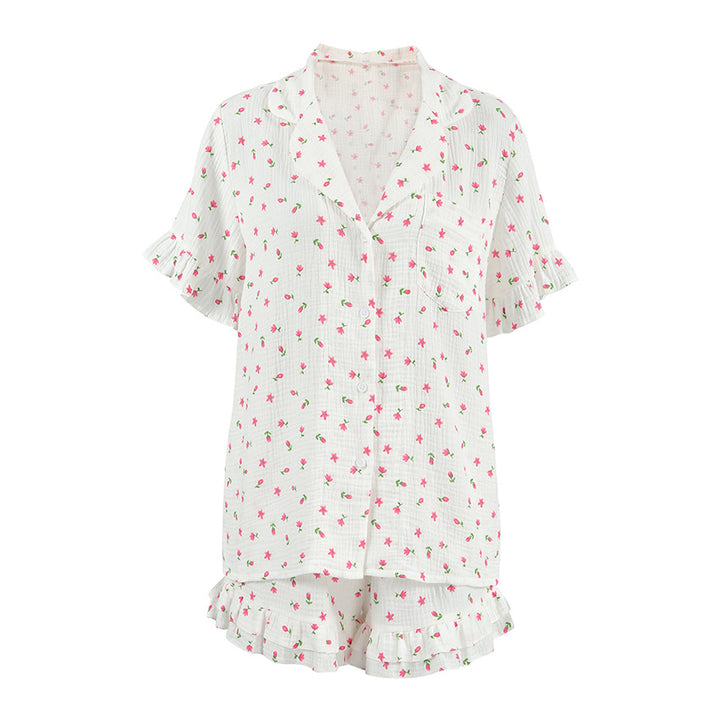 Dame pyjamasæt med ruffle-detaljer og blomstertryk Stilla