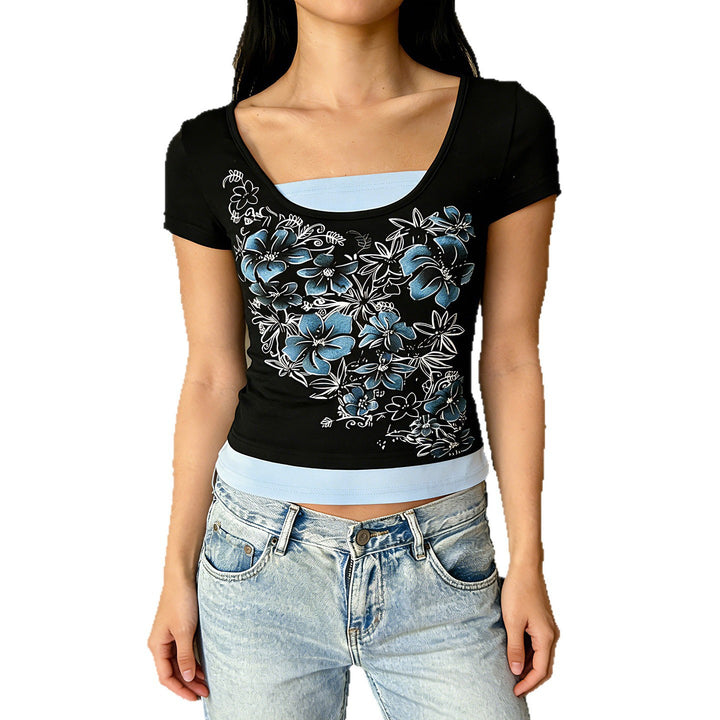 Dame T-shirt med blomsterprint og kropsnær pasform Skovae