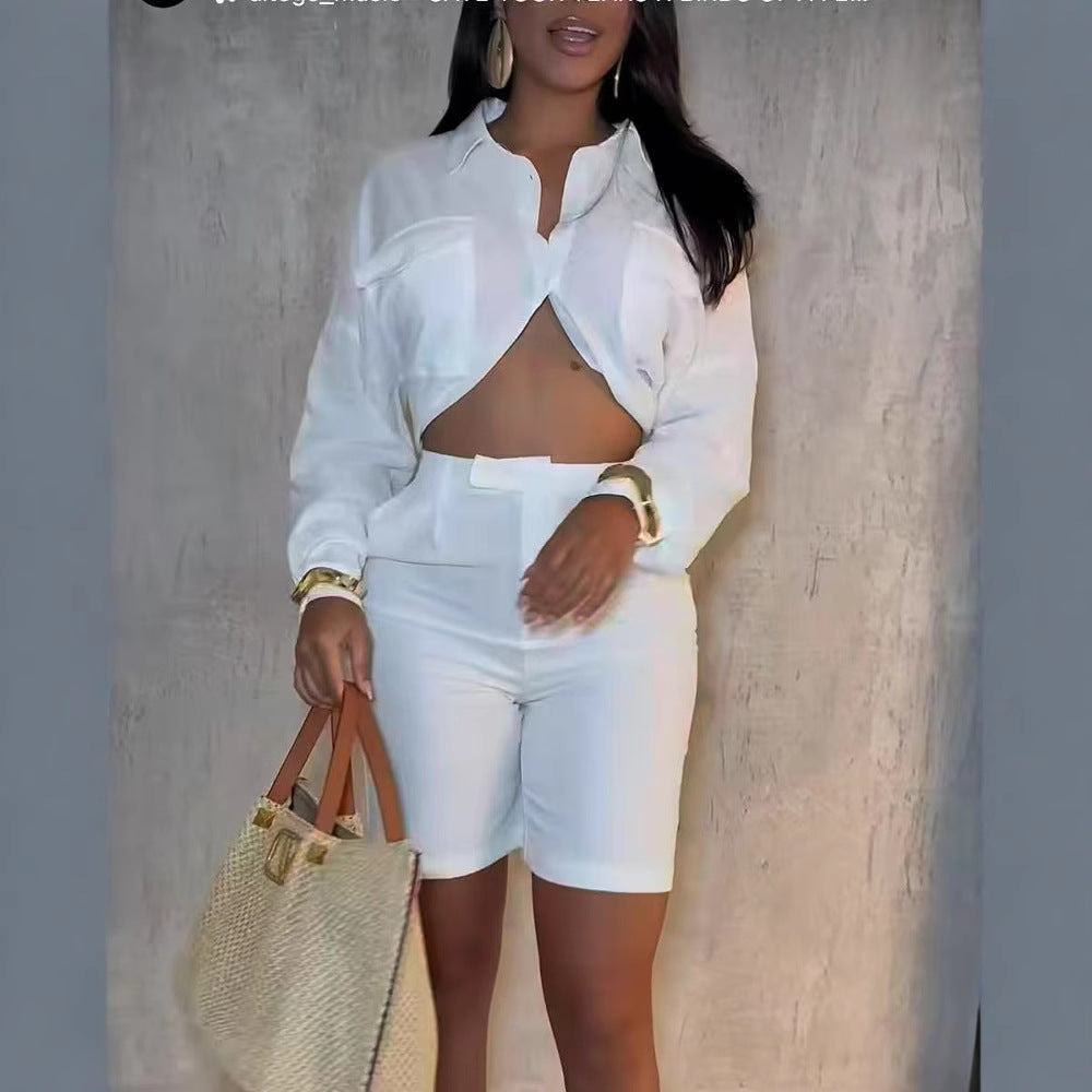 Dame afslappet crop-top med lange ærmer og high-waist shorts Stilla