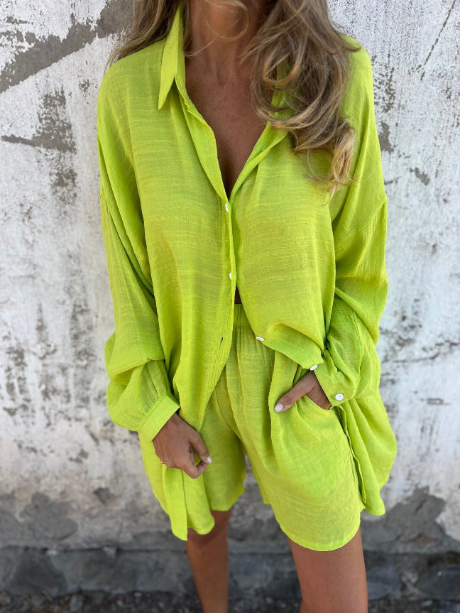 Dame Løs Bluse-Shorts-Sæt med Oversized Snit og Luftig Struktur Skovae