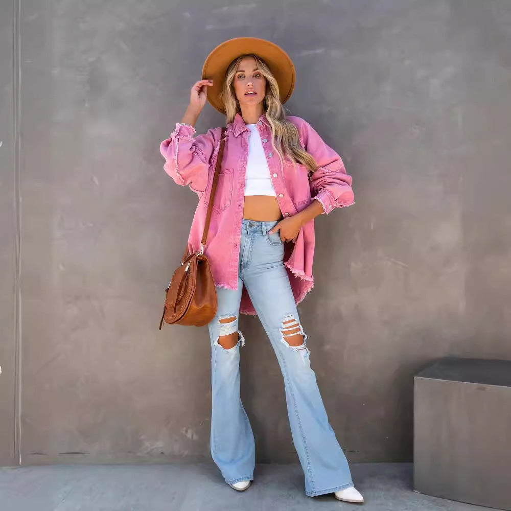 Dame Løs og stilfuld jeansbluse med frans Stilla
