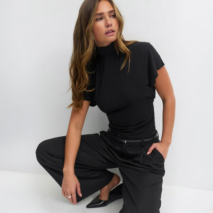 Dame Cropped top med høj mod hals krave og voluminøse ærmer Skovae