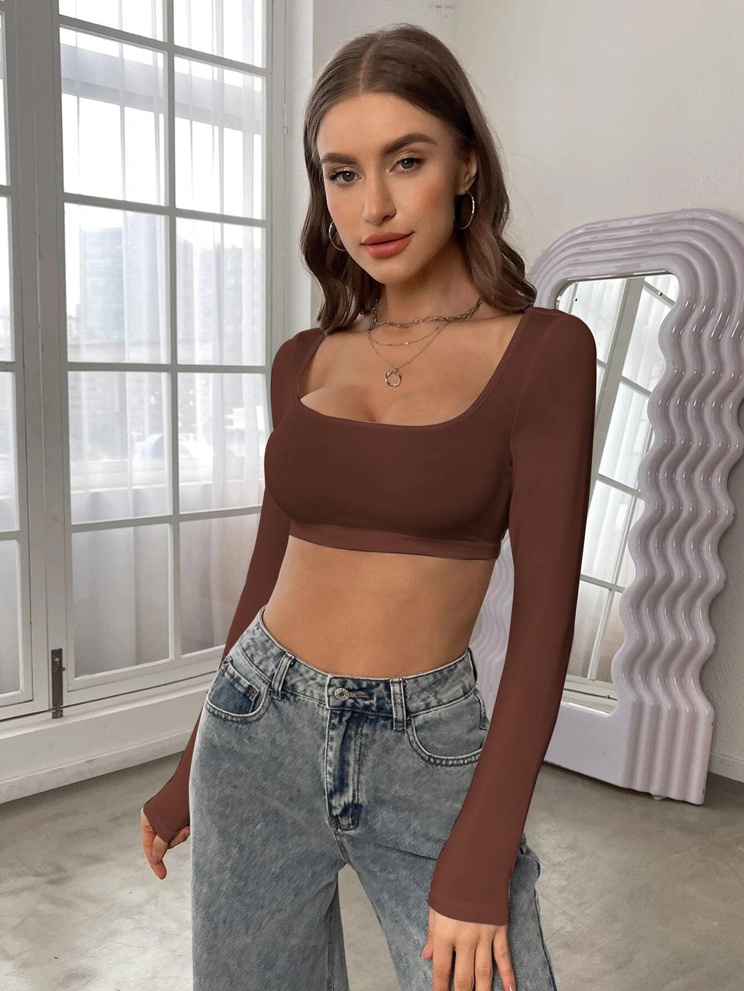 Kvinder Crop-Top med lange ærmer og U-bådsudskæring Stilla