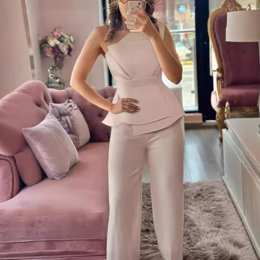 Dame Mode Jumpsuit med flot taljeeffekt og rynket overdel Skovae