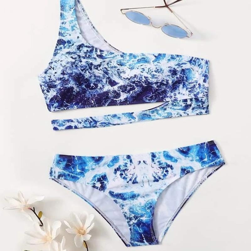 Dame Sport-Bikini med asymmetrisk skæring og moderne vandmotiv Skovae