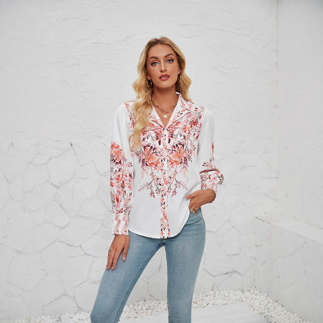 Dame elegant bluse med blomster mønster og volumineøse ærmer