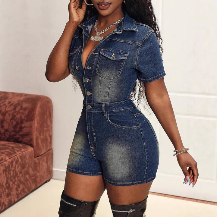 Dame Denim Kort Overall med Knaplukning og Taljeret Snit Stilla