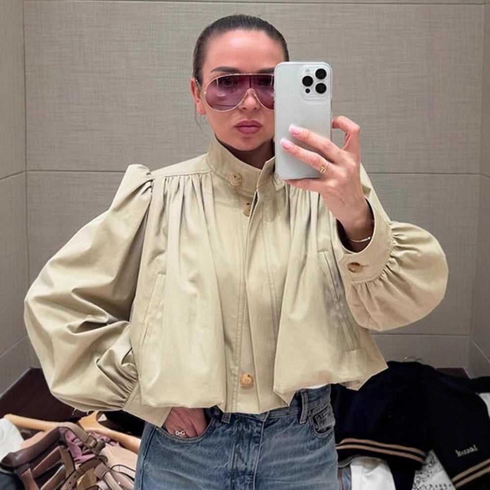 Damer Cropped Bluse med ballonformede ærmer og højhalset krave Stilla