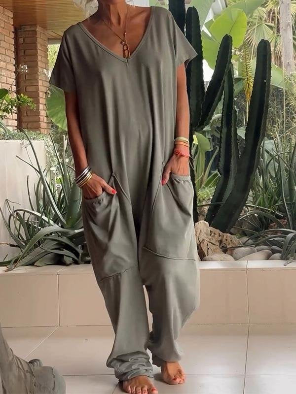 Dame nan vidde komfort jumpsuit med V-udskæring, dyb skridt og sidelommer Skovae