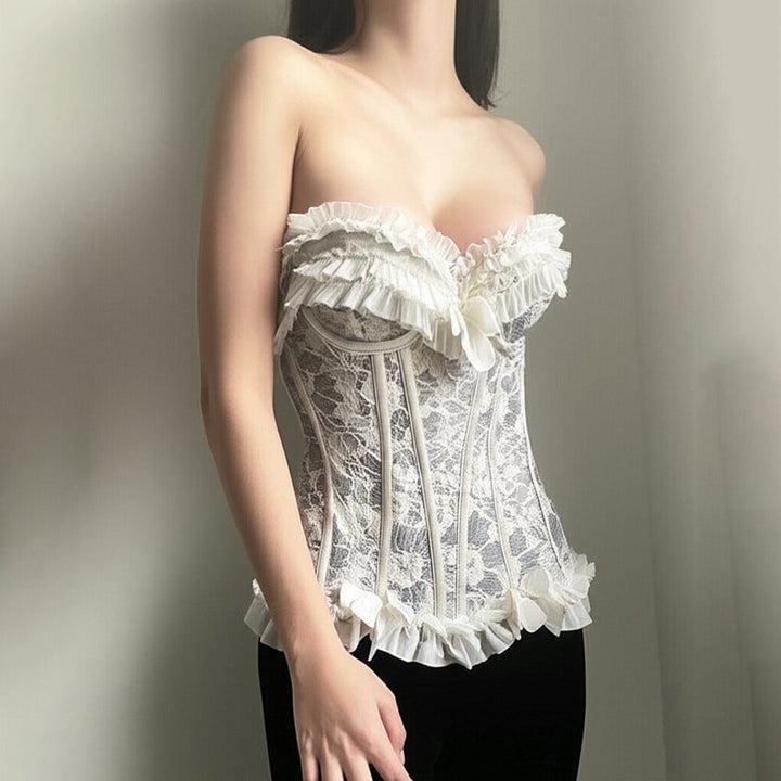 Dame spids-bustier med ruffles detaljer og sløjfer Skovae