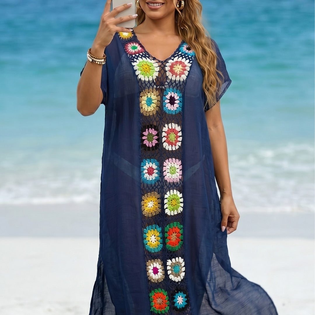 Damer hækle-strandkimono med blomster patchwork-design Skovae