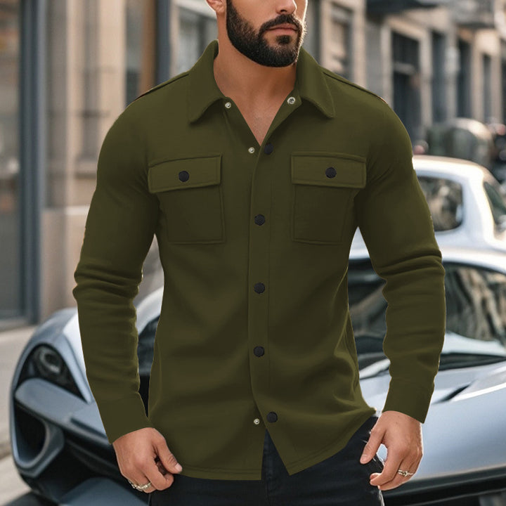 Herrer nan moderigtige overshirt-jakke i filtlook med påsyede brystlommer og synlig trykknapliste Skovae