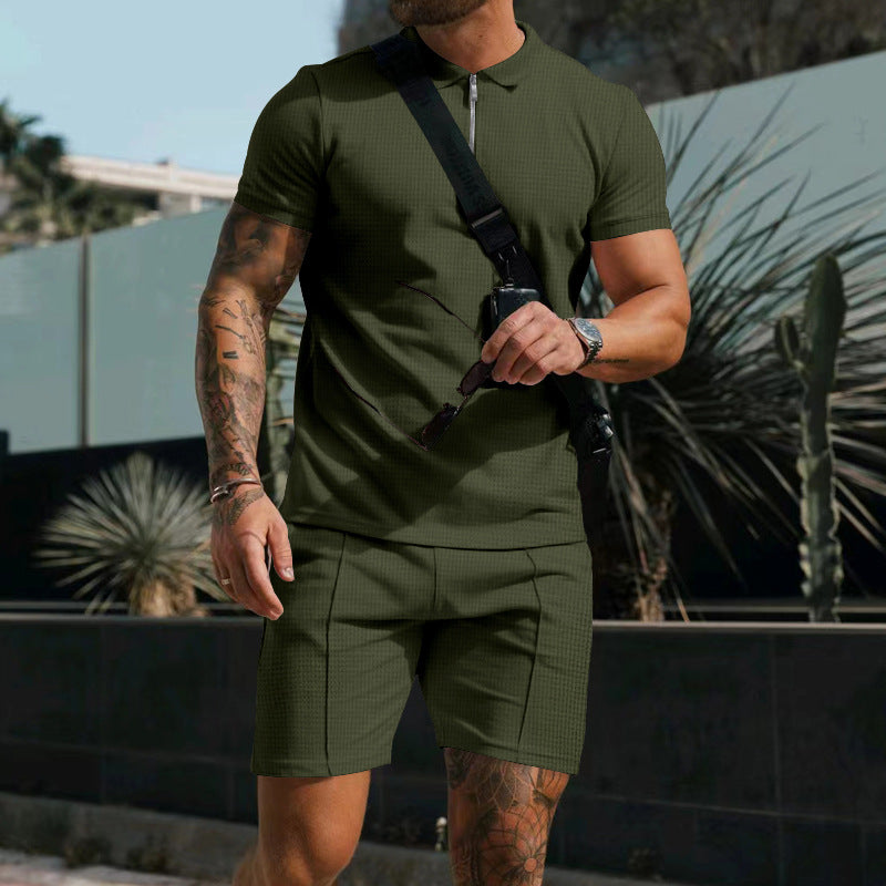 Herren nan sportives Poloshirt- og Chino-short-sæt med halvmidlertidig lynlås, struktureret jersey og diskret press fold Skovae