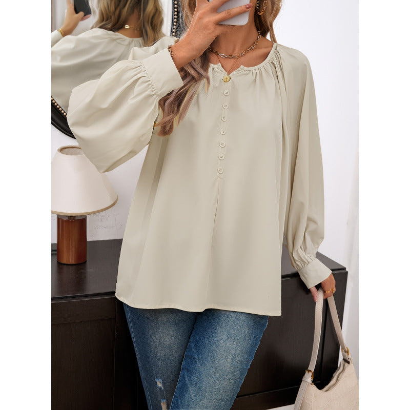 Dame Relaxed Fit Button-Up Bluse med bredde udvidede ærmer Stilla