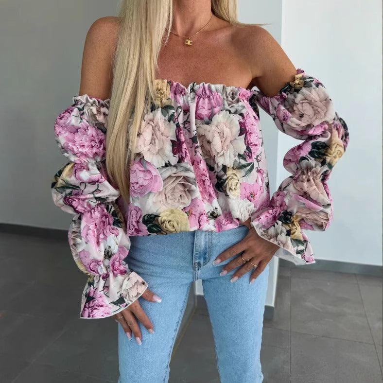 Dame Off-Shoulder Bluse med elastiske puffærmer og floraltryk Stilla