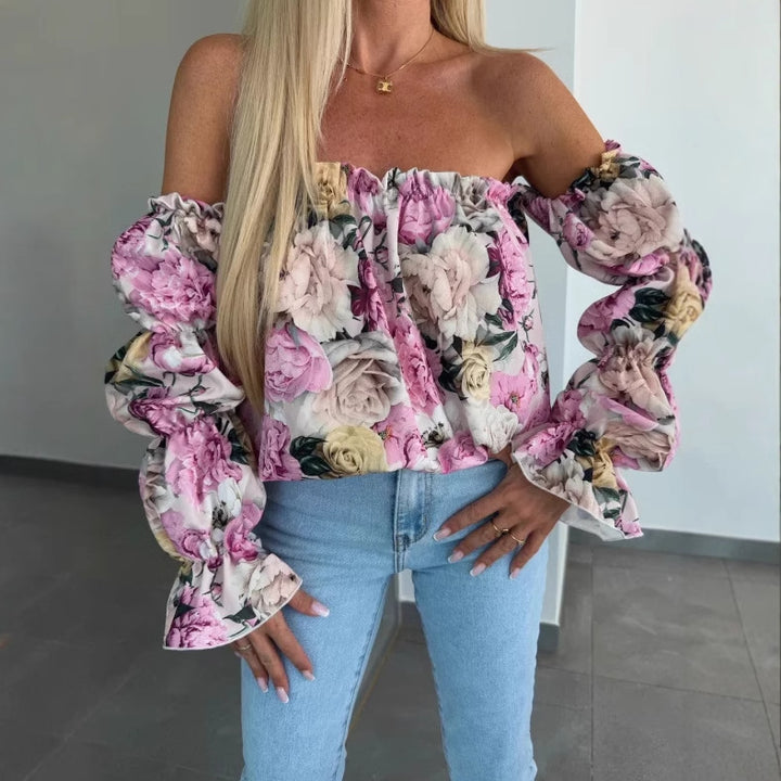 Dame Off-Shoulder Bluse med elastiske puffærmer og floraltryk Stilla