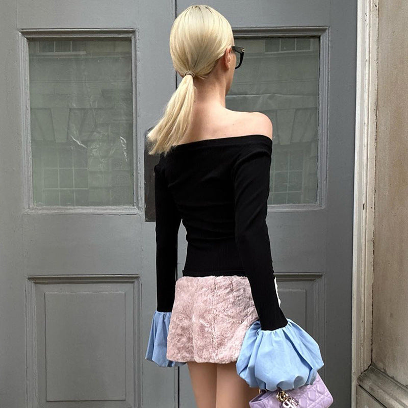 Femme Off-Shoulder Rib-Top med overdrevne ballonærmer Stilla