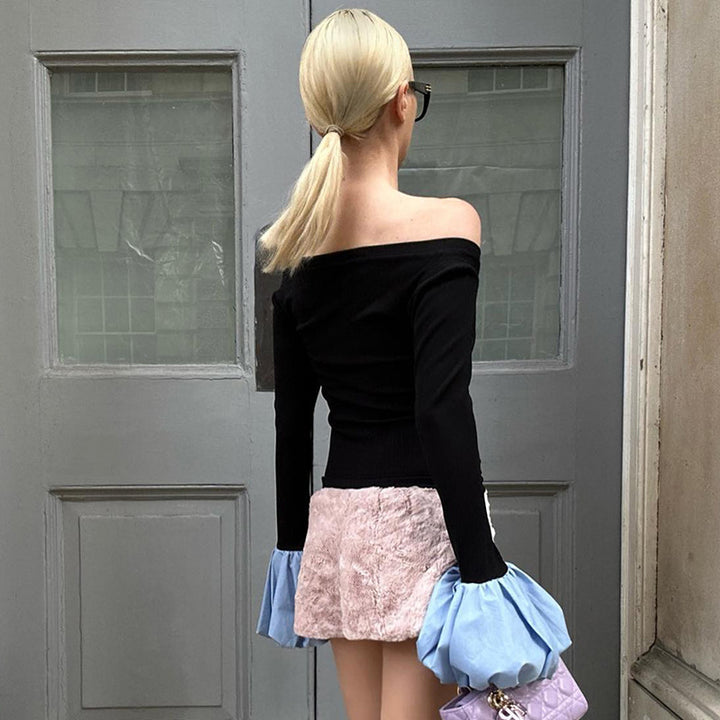 Femme Off-Shoulder Rib-Top med overdrevne ballonærmer Stilla
