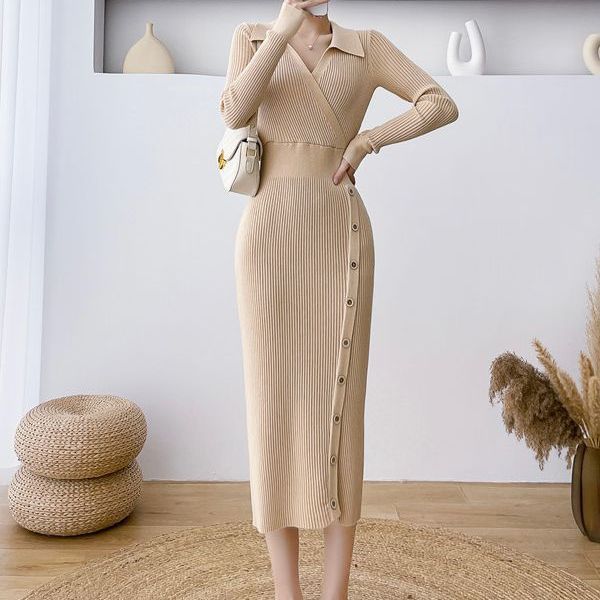 Dame Midi Wrap Kjole med elegant knapdetaljer Stilla