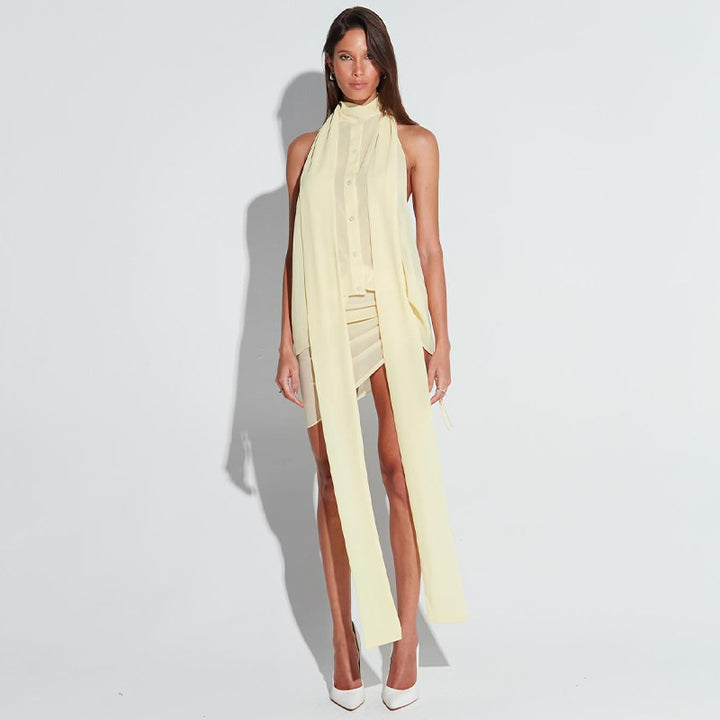 Dame Halterneck Bluse med Drapering og elegante Bindebånd Stilla
