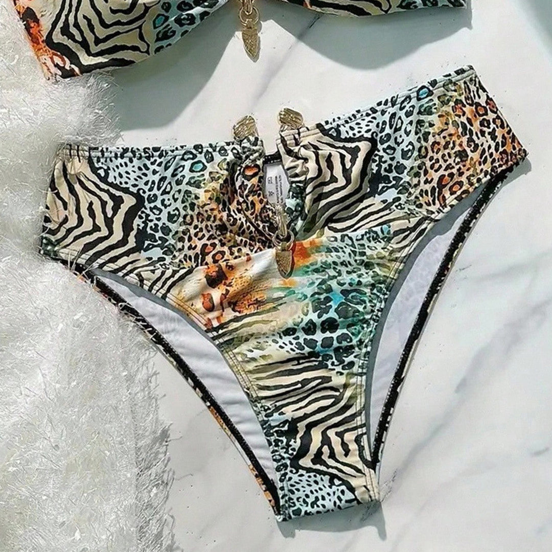 Dame bandeau-bikini med dyremønster og dekorativ lukning Skovae