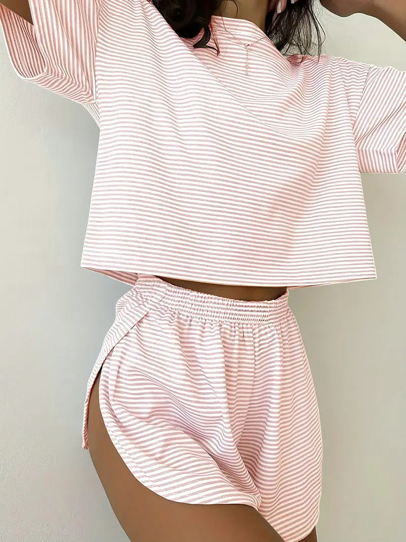 Dame Casual Stripe Sæt med Løst T-shirt og Shorts Skovae