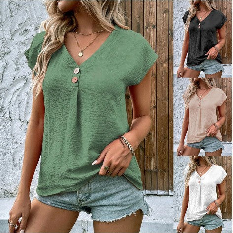 Dame V-hals bluse med knapper Stilla