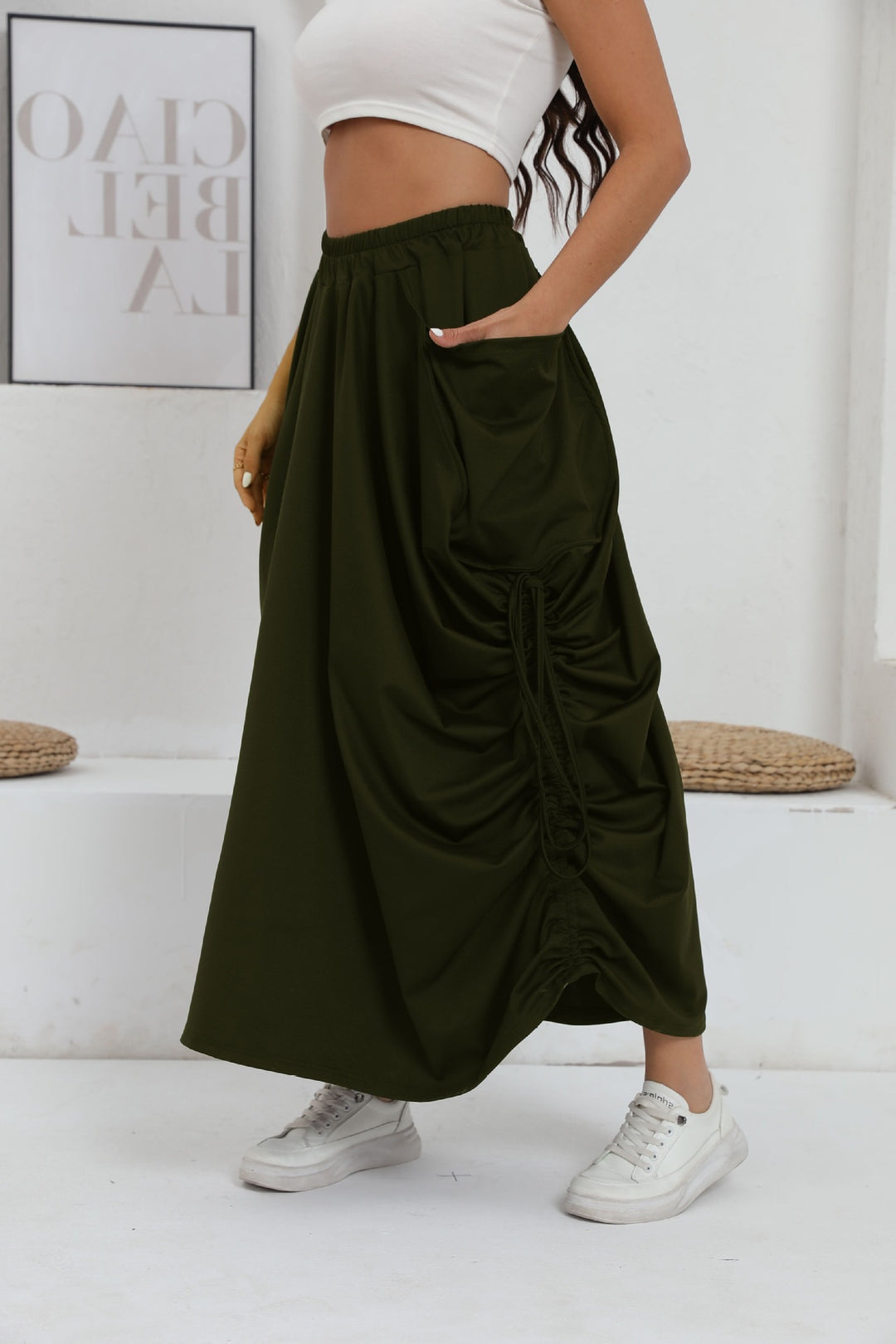 Dame Lang Wrap Skirt med elastisk Talje og Lommer Stilla