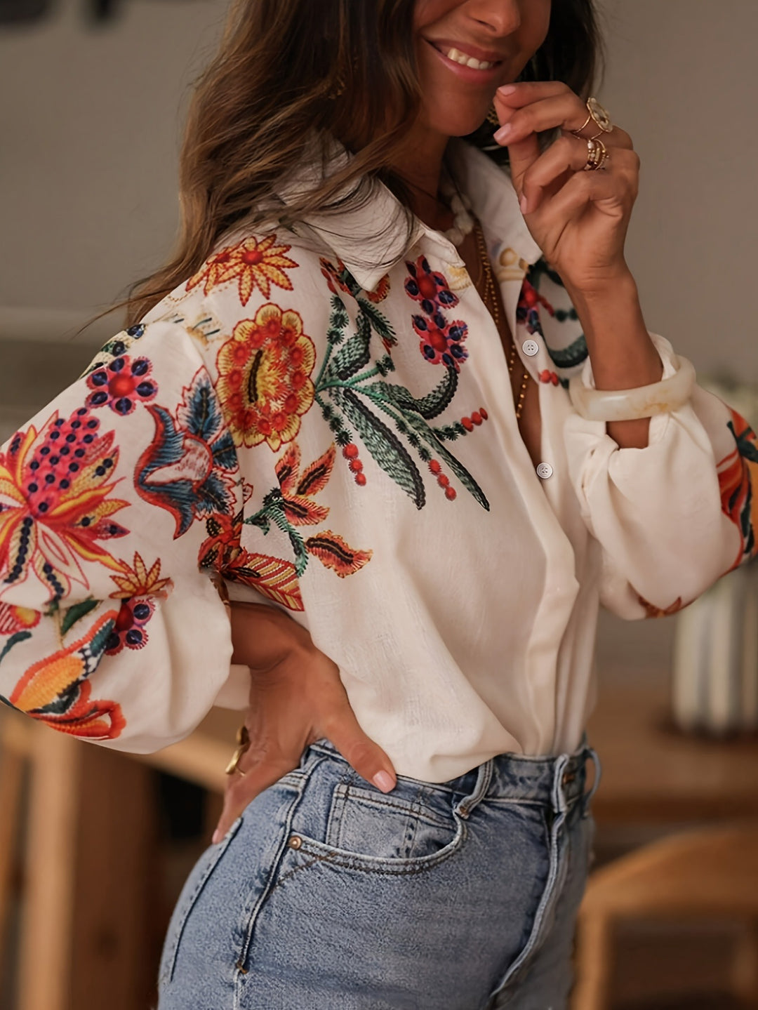 Dame Broderet Blommetop med Knaplukning Stilla