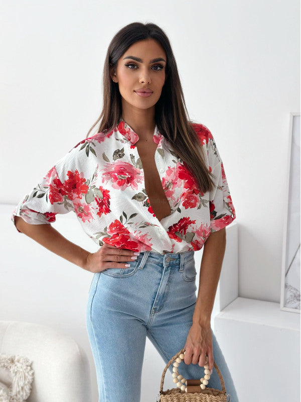 Dame blomster mønster knap-bluse Stilla