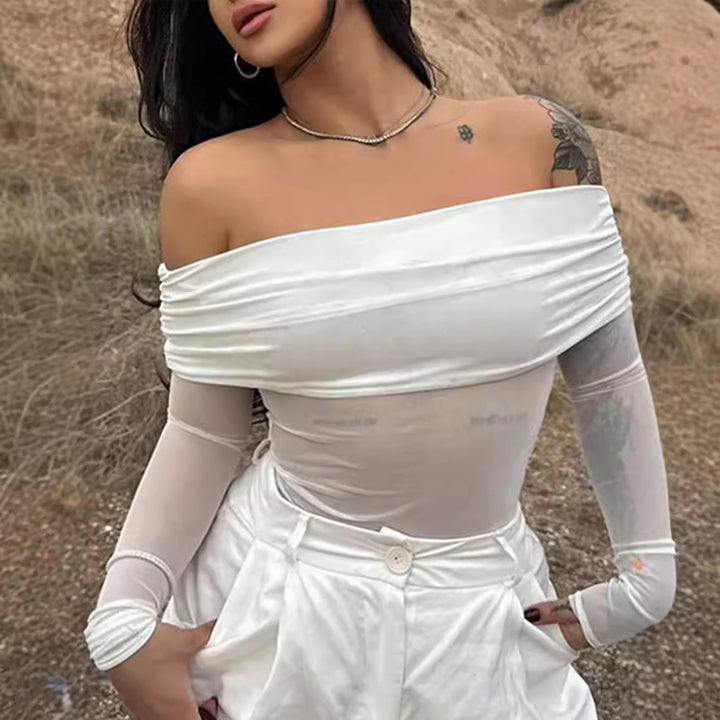 Dame Off-Shoulder Langærmet Bodystocking med transparente accenter Skovae
