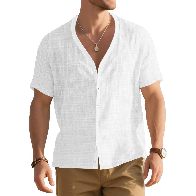 Herrer Kortsleeve Henley Skjorte med moderigtigt V-udskæring og struktureret design Stilla