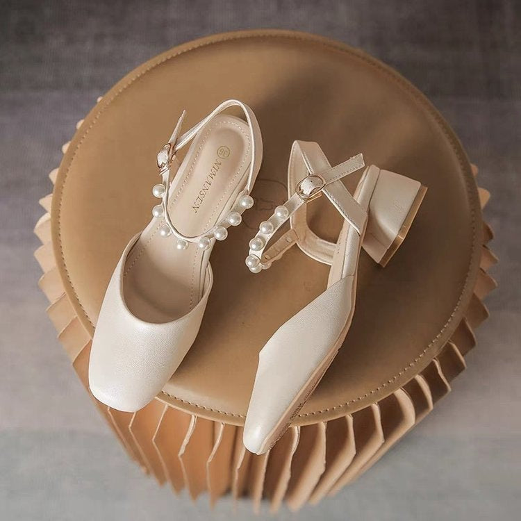 Dame elegante Slingback-pumps med perleprydelse og komfortabel blokhæl Stilla